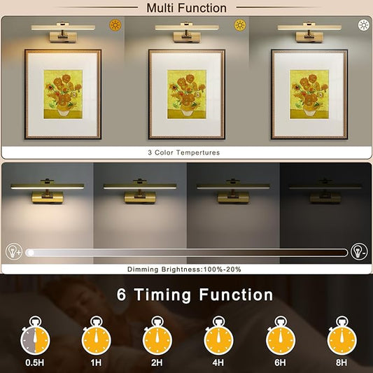 Picture Light with Remote 3 Colors Wireless Art Lights for Paintings,Rotatable Wall Sconce Rechargeable Battery Powered Painting Light,Dimmable Light Over Picture Frame for Gallery,Brass 11.6 inch