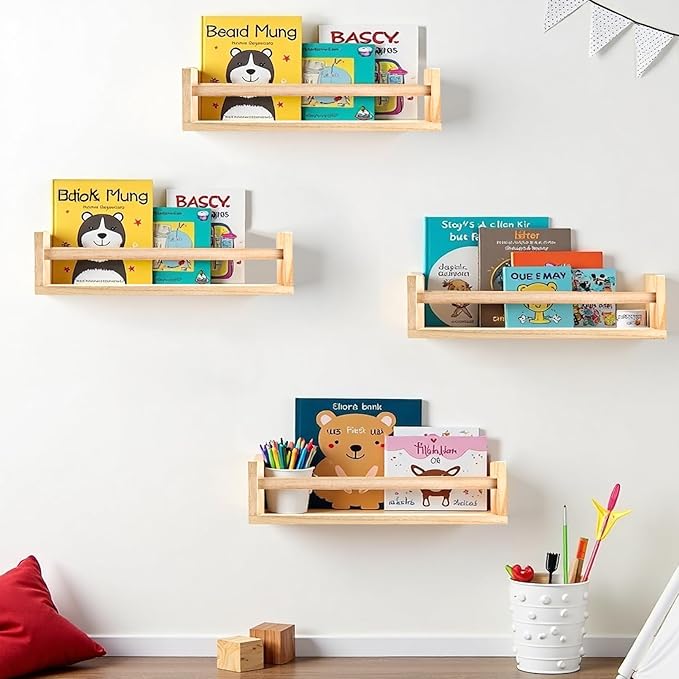 3 Pack Nursery Shelves, 16.5 Inch Nursery Book Shelve, Solid Wood Wall Mounted Shelve for Books, Floating Shelves for Wall Books Living Room Kids Room Decor(Natural Wood)
