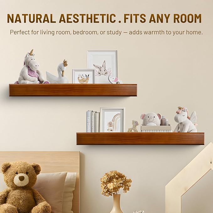 32 Inch Picture Ledge Shelf with Lip,Floating Shelves for Wall, Set of 2 Solid Pine Wood Shelves with Invisible Brackets, Wall Storage for Living Room, Bedroom, Kitchen, Bathroom(Dark Brown)