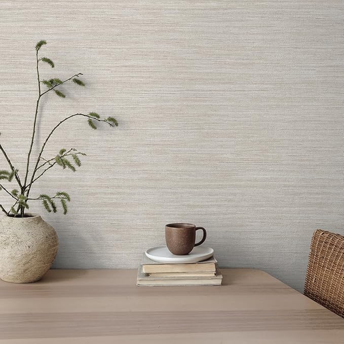 Tempaper Textured Beige Horizontal Faux Grasscloth Removable Peel and Stick Wallpaper, 20.5 in X 16.5 ft, Made in The USA