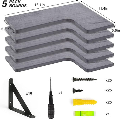 Fixwal Corner Floating Shelves Set of 5, Rustic Wood Wall Mounted Corner Shelf for Bathroom, Kitchen, Bedroom, Home Decor, Laundry Room, Living Room(Gray)