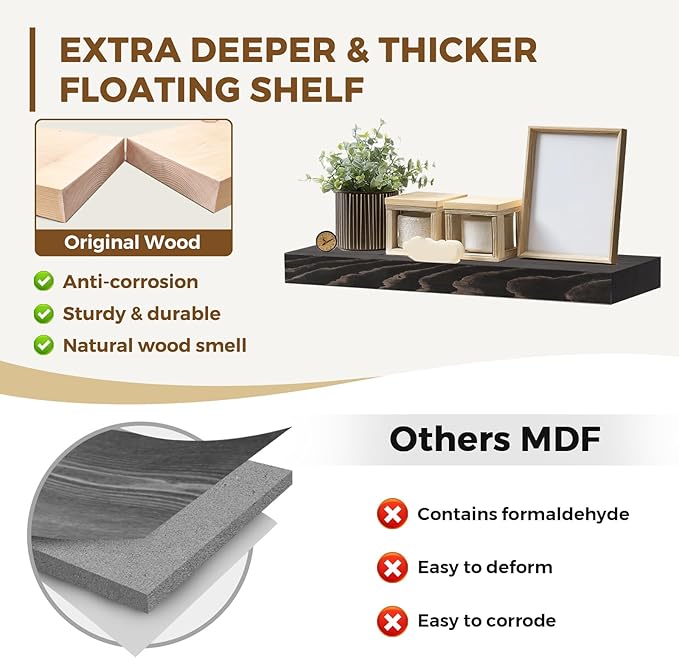 17x8x1.6 inch Floating Shelves Set of 2 – Solid Wood Rustic Black Wall Mounted Shelf for Kitchen, Bathroom, Living Room