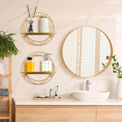 3 Pcs Gold Floating Shelves Wall Mounted Hanging Shelf with Gold Metal Wire and Wood, Foldable Round Shelf Wall Decor for Storage Bedroom Bathroom Living Room Kitchen Office Home Decoration