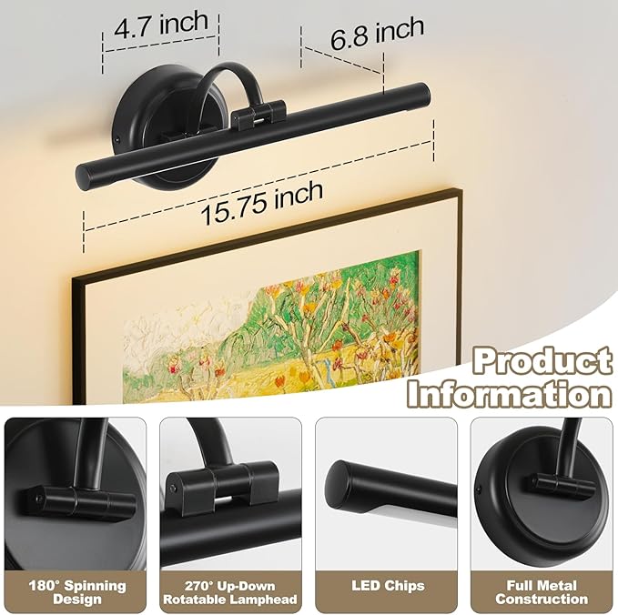 Black Picture Lights for Paintings Hardwired LED Wall Art Lighting 15.75