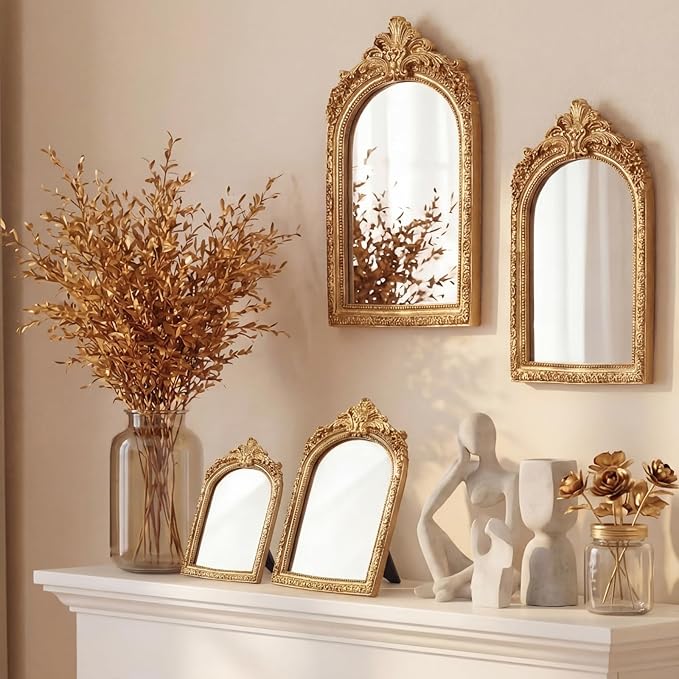 Thyle 4 Pcs Vintage Gold Antique Mirror Set Arch Retro Resin Baroque Decorative Makeup Mirror Square Hanging Wall Desk Tabletop Room Bedroom Bathroom Gallery (13x9 10x7 8x5 7x4)(Light Color)