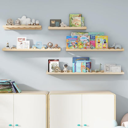 Fun Memories Picture Ledge Shelf for Wall, 48 inch Pine Wood Nursery Book Shelves Set of 2- Wall Book Shelves for Kids Room, Home Decor - Kitchen Spice-Natural