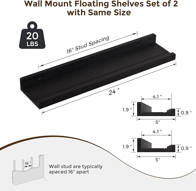 RICHFOCUS Floating Shelves for Wall, 24 inch Solid Wood Picture Ledge Shelf for Wall Storage, Nursery Book Shelves with Lip for Living Room Bathroom Bedroom Kitchen, Set of 2, Distressed Black