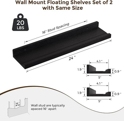 RICHFOCUS Floating Shelves for Wall, 24 inch Solid Wood Picture Ledge Shelf for Wall Storage, Nursery Book Shelves with Lip for Living Room Bathroom Bedroom Kitchen, Set of 2, Distressed Black