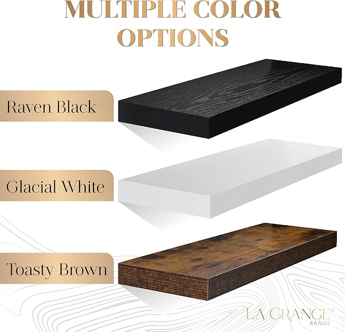 LA GRANGE RANGE® 23.6" Floating Shelves For Wall, 2x Pack Wall Shelves for Storage & Décor, Perfect for Bathroom, Bedroom, Kitchen, Living Room, Natural Wood Finish with Hidden Bracket (Glacial White)