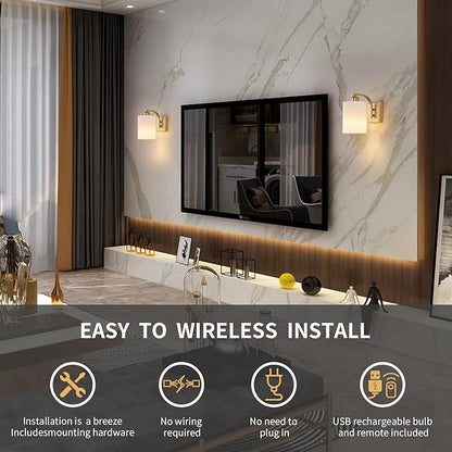Gold Rechargeable Battery Operated Wall Sconces Set of 2 with Remote, Wireless Dimmable Battery Powered LED Wall Lights, Cordless Wall Lighting Lamp Fixture for Bedroom Living Room