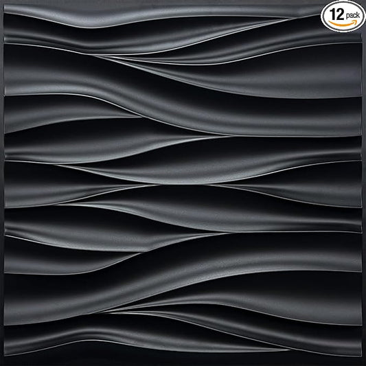 STICKGOO Black 3D Wall Panels, Wave Design Textured PVC Wall Panels, 19.7''x19.7'' Modern Accent Wall Panels for Interior Wall Decor Bedroom Office Living Room