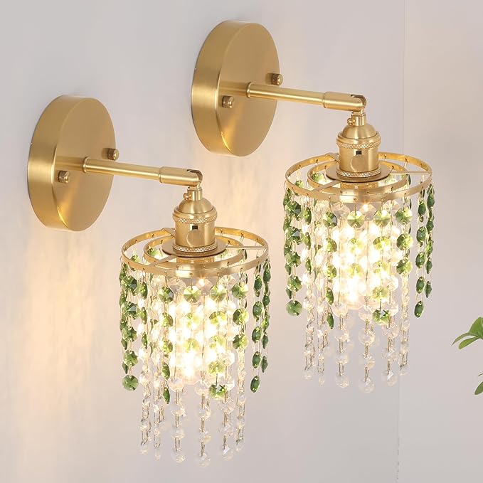 Set of 2 Crystal Battery Operated Wall Sconce,Rechargeable Wall Lamp with 5400mAh Battery & Remote Control, Modern Dimmable Wireless Wall Lights for Bedroom Bathroom (Green, Gold Base)