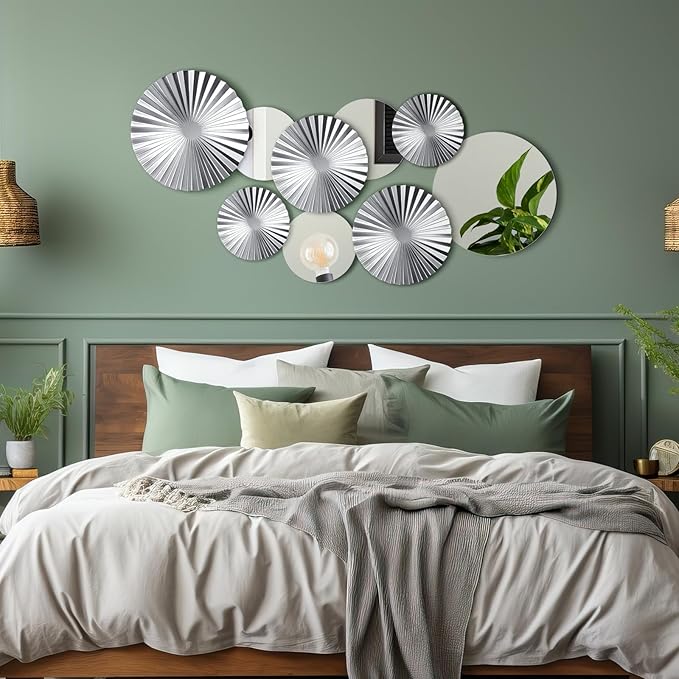 Hicarer 9 Pcs Silver Wall Decor Metal Home Decor Metal Wall Decorative Circle Plates Mirror Modern Round Accent Wall Art Sculpture Decor Hanging Decorations for Living Room Office Bedroom Kitchen