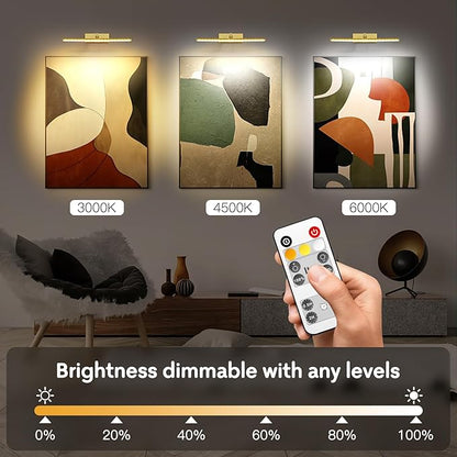 Battery Picture Light for Wall with Timer,3 Color Temps Painting Light, Rechargeable 5200 mAh and AA Battery,Metal Rotatable Head Art Display Accent Lights for Gallery Portrait Hallway Frame-Gold 16''