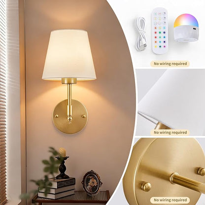 Battery Operated Wall Sconce Set of 2, Rechargeable Wireless Wall Lights with fabric Lampshade, 5000mAh Dimmable Bulbs with Remote,15 Colors Wireless Wall Lamps for Bedroom Living Room Hallway Decor