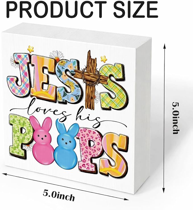 Christian Easter Decor Jesus Loves His Peeps Wooden Sign, Religious Cross Bunny Easter Decorations for Home, Farmhouse Front Door Wall Hanging Decor, Easters Gift for Women Men