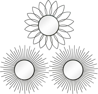 3 Pack Metal Mirrors for Wall Sunburst Wall Mirrors Home Décor Decorative Hanging Wall Art for Living Room Bedroom Entryway (Black2, Flower+Sunburst)
