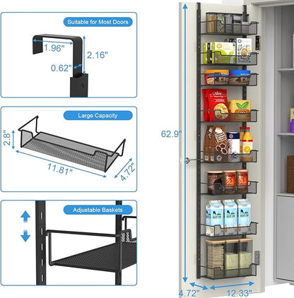 12.3" W Narrow Over the Door Pantry Organizer, 8-Tier Over the Door Organizer with Adjustable Basket, Pantry Door Organization for Pantry Kitchen Storage Room Spice Rack, Black