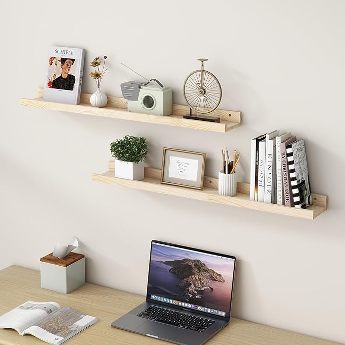 Picture Ledge Shelf for Wall, 36 inch Solid Ash Wood Nursery Book Shelves 2 Packs, Floating Shelves for Kids' Room Bedroom Bathroom Living Room Photo Frames Office Nursey Wall Decor, Natural