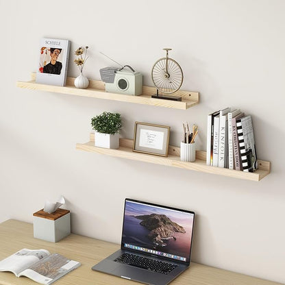 Picture Ledge Shelf for Wall, 36 inch Solid Pine Wood Nursery Book Shelves 2 Packs, Floating Ledge Shelves for Kids' Room Bedroom Bathroom Living Room Photo Frames Office Nursey Wall Decor, Natural