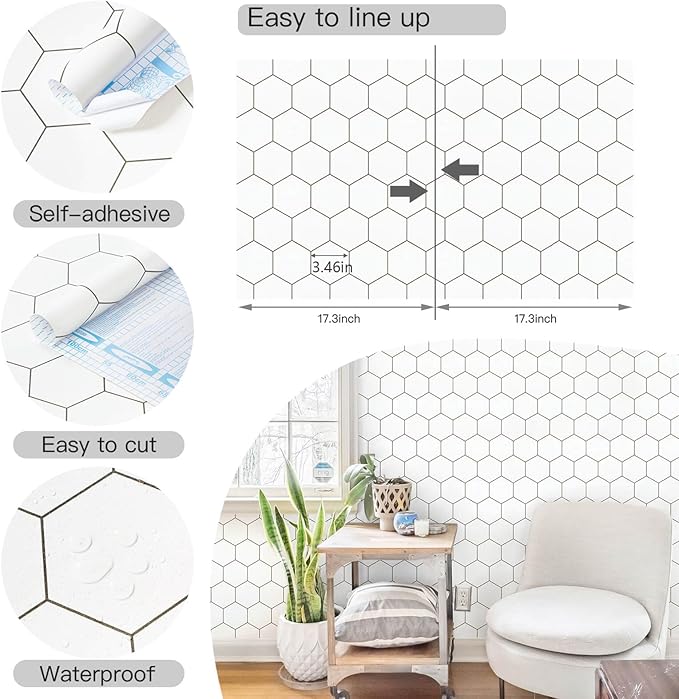 Kitchen Peel and Stick Wallpaper White Wallpaper Modern Contact Paper for Cabinet Bathroom Backsplash Renter Friendly Self-Adhesive Waterproof Removable Vinyl Papel Tapiz para Cocina 17.3