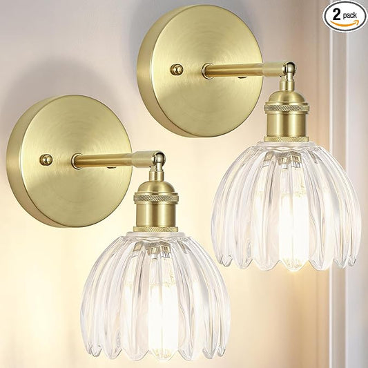 Hardwired Wall Sconces Set of Two, Vintage Wall Lights with Clear Tulip Glass Lampshade, Gold Wall Lamps for Bedroom Bedside Stairway Bathroom Living Room (Bulbs Not Included, Not Battery Powered)