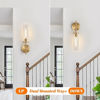 Wall Sconces Set of Two, Brushed Gold Bathroom Sconces with Clear Glass, Hardwired Sconces Wall Decor Set of 2, Modern Wall Light Fixtures for Bathroom Mirror Living Room Bedroom Hallway