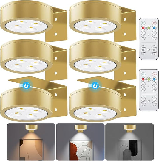 Picture Lights for Wall, 3 Lighting Modes Magnetic Art Display Light,Battery Operated Led Painting Light with Remote Control Dimmable & Timer,6Pack Gold