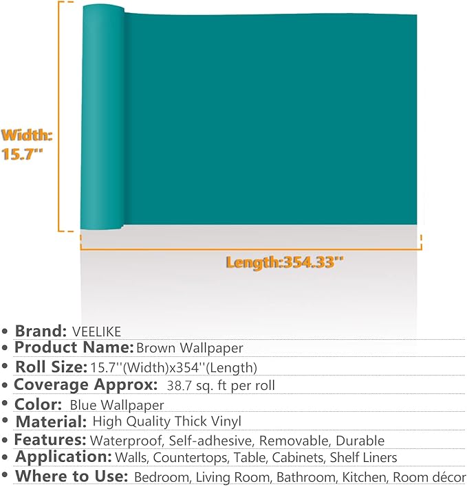 VEELIKE Turquoise Blue Wallpaper Solid Color Blue Peel and Stick Wallpaper 15.7''x354'' Matte Blue Contact Paper Self Adhesive Waterproof Removable Vinyl Rolls for Walls Cabinets Drawer Shelves Desk
