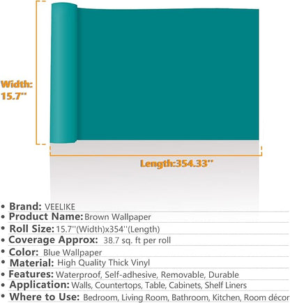 VEELIKE Turquoise Blue Wallpaper Solid Color Blue Peel and Stick Wallpaper 15.7''x354'' Matte Blue Contact Paper Self Adhesive Waterproof Removable Vinyl Rolls for Walls Cabinets Drawer Shelves Desk
