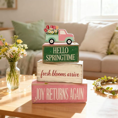 Spring Decoration Wooden Tiered Tray Decor – Floral Spring Truck Stacked Block Sign with Tulip Pickup Topper – Farmhouse Tabletop Spring Decor for Living Room Shelf Seasonal Home Display