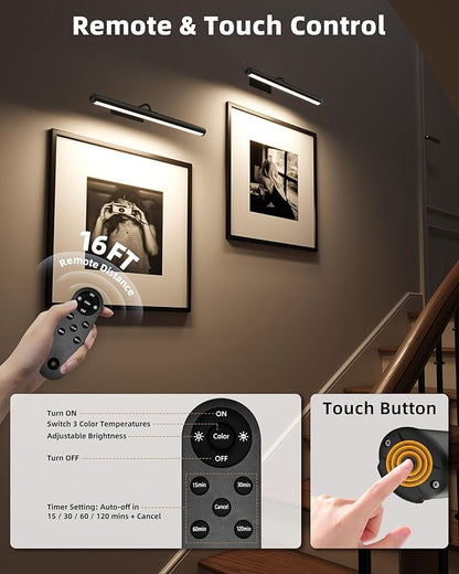 EZVALO 16in Picture Lights for Wall, Rechargeable 6000mAh Cordless Art Lights with Remote, 3 Color Temperatures LED Painting Lights for Artwork, Frames, Gallery (Black, 2Pack)