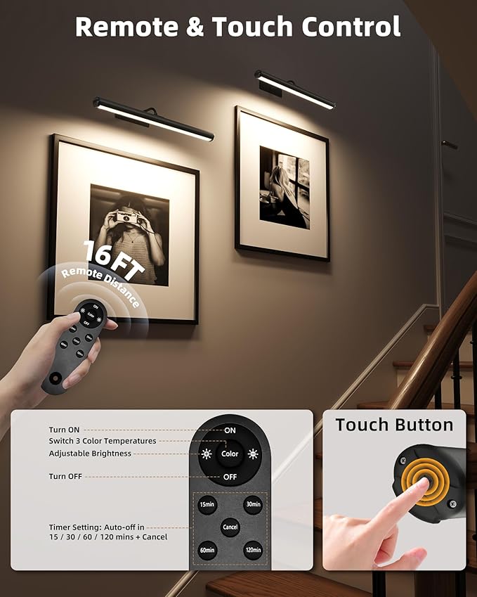 EZVALO Picture Lights for Wall, 16in Rechargeable 6000mAh Battery Operated Painting Lights with Remote, Wireless Wall Light for Gallery, Living Room, Hallway (Black)