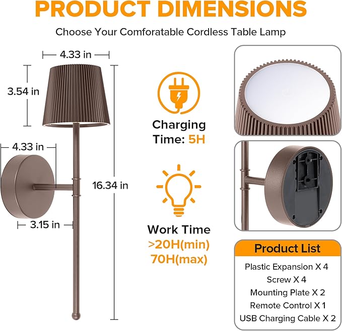 LUTEC Cordless Wall Sconces Set of 2, 5200mAh Wireless Rechargeable Battery Operated LED Wall Lamps, 3 Color Stepless Dimming Portables Lightings for Wall Painting/Living Room/Bedroom/Hallway Decor