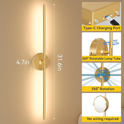 Ouyulong Battery Operated Wall Sconces Set of 2, 8000mAh Wireless Rechargeable 3000-6000K Dimmable 350° Rotate Wall Light with Remote for Living Room, Bedroom 31.6in Gold