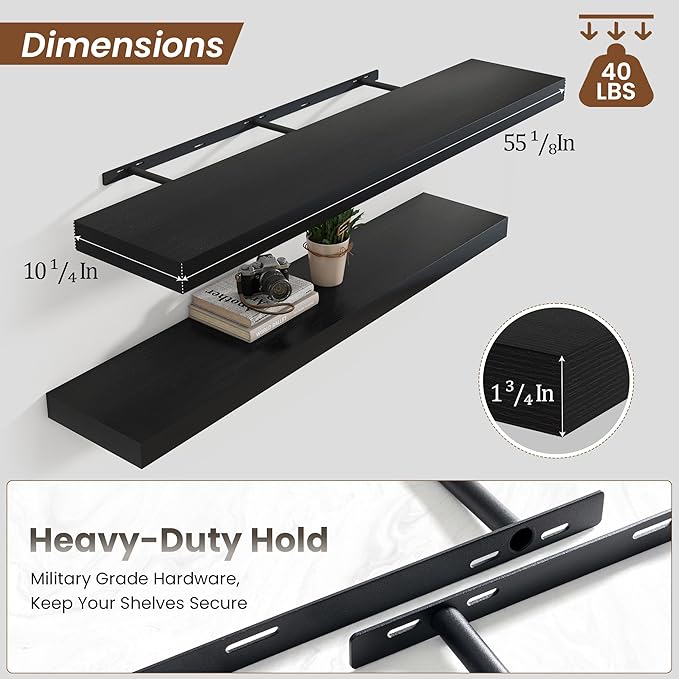 Heimlove Floating Shelves for Wall 55 Inch Long,Extra Large and Thick Wood Shelves Mounted Storage Hanging Shelf Invisible Bracket for Bedroom,Living Room,Kitchen,Office,Set of 2,Black