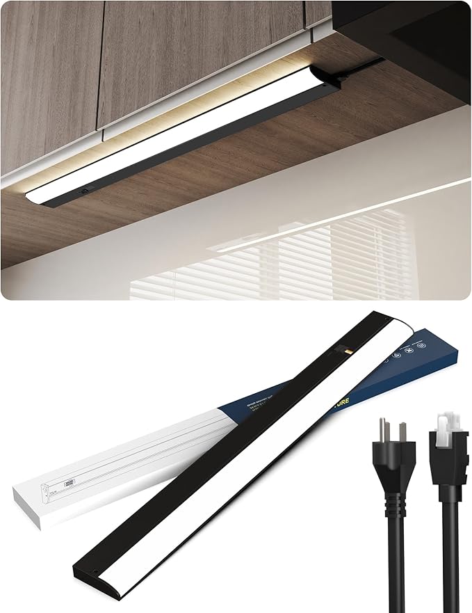 16 Inch LED Under Cabinet Light, Plug in Kitchen Lighting, 3CCT Selectable (3000K/4000K/5000K), CRI94 High Color Accuracy, Linkable, Slim Design Dimmable, Black