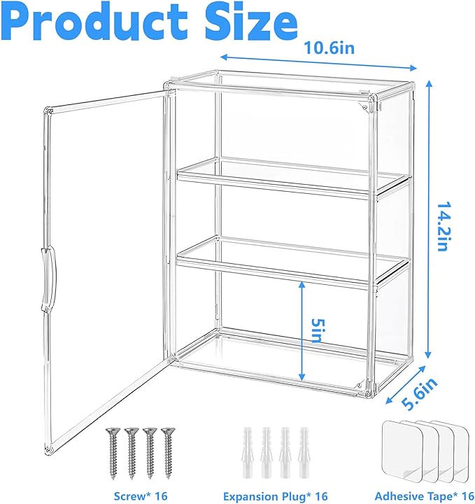 Montex Acrylic Display Case for Collectibles 3 Tier, Figure Display Case with 2 Movable Plates, Dustproof Showcase for Collectibles, Clear Display Case for Figures(4 Pack)