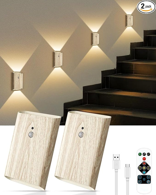 Rechargeable Motion Sensor Wall Sconce Set of 2 – 5000mAh Wireless Battery Operated Wall Light Indoor, 3 Colors Up/Down Lighting Magnetic Night Light with Remote Control for Bedroom, Hallway (Wood)