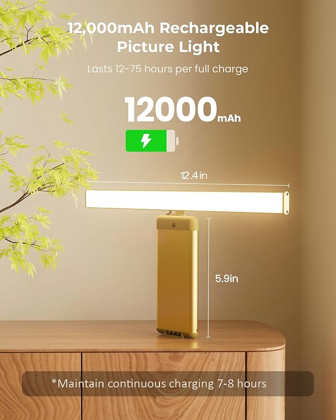 Picture Light for Wall with Remote, Picture Lights Battery Operated Rechargeable 12000mAh, 3 Colors & 3 Timers, Brightness Dimmable for Gallery Poster Frame Painting Photo Art Display (Gold, 2 Pack)