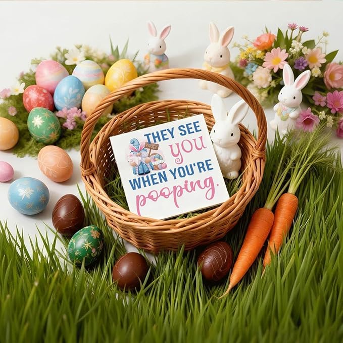 Funny Bathroom Decor Easter Bunny Wooden Box Sign They See You When You're Pooping, Farmhouse Toilet Tank Shelf Plaque, Easter Decorations for Home 5x5 Inch