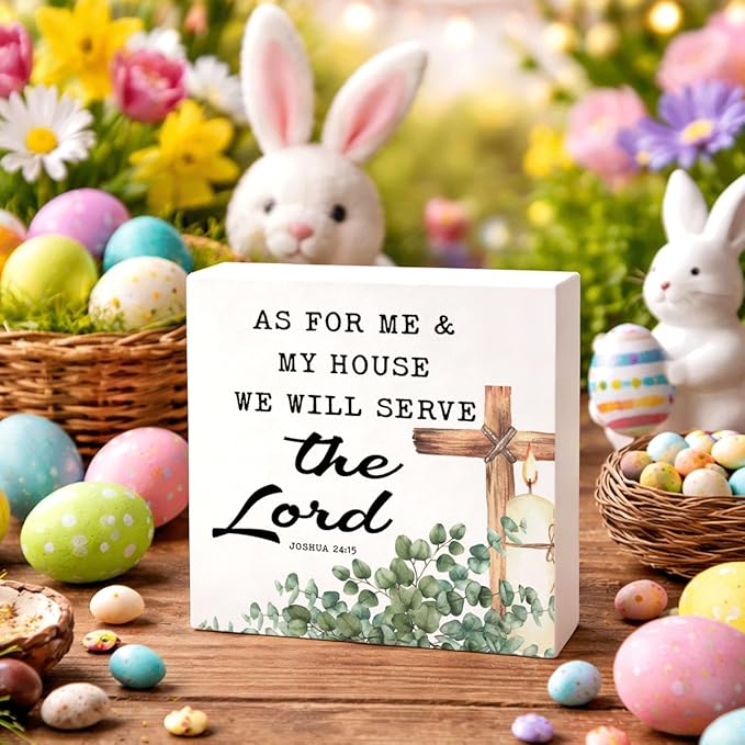 Christian Home Decor Wooden Bible Verse Sign, As For Me and My House We Will Serve the Lord Joshua 24:15, Rustic Religious Cross Farmhouse Desk Shelf Living Room Faith Decoration