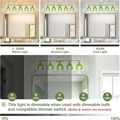 Vintage Bathroom Light Fixtures,5-Light Hardwired Vanity Lights with Green Tulip Glass Shade,Gold Bathroom Vanity Light for Mirror Restroom,E26 Socket,33.46 in(Bulbs Not Included)