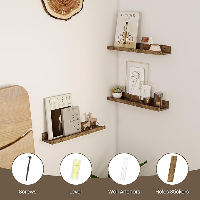 Axeman Floating Shelves | Picture Ledge Shelf Set of 2 | Rustic Brown Wall Shelves with Lip | Brown Picture Shelf for Wall with Ledge | Photo Ledges 16 Inch