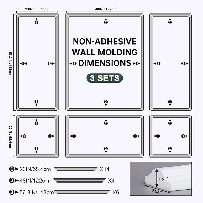 Melkus Wall Molding 3 Set Premade Wainscoting Panels for Interior Wall Décor Installed with Construction Glue Wainscoting Accent Panel Style 3
