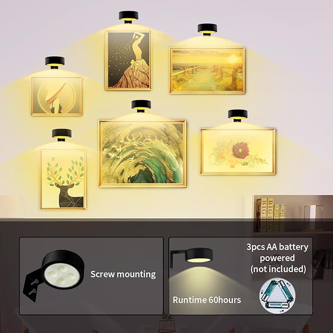 3PACK Picture Light Battery Operated with Remote, Painting Light for Wall Art with 3 Lighting Colors Dimmable, LED Art Display Accent Light on Wall for Poster Dartboard Frame Portrait Black