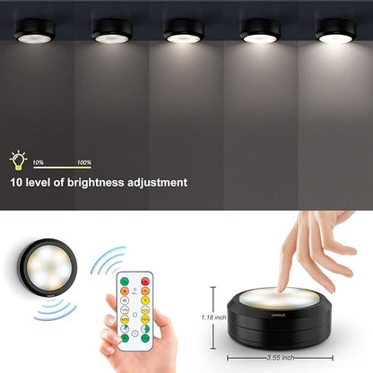 Puck Lights with Remote Control, Wireless LED Puck Light for Kitchen,Battery Operated Under Cabinet Lights, Under Counter Lighting Dimmable, Stick On Lights for Closet Black (4pack)