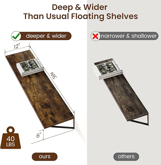 Axeman 12 Inch Deep Floating Shelves for Wall - 48 Inch Wide x 12 Inch Deep Wall Shelves Set of 2 - Rustic Wood Floating Shelves for Living Room