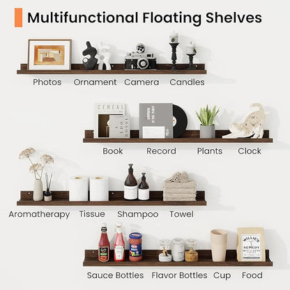 RICHFOCUS Picture Ledge Shelf, 24 inch Floating Shelves Set of 2, Wood Wall Shelves with Lip, Wall Decor Storage for Bedroom Living Room Bathroom Kitchen Nursery Photo Picture, Walnut