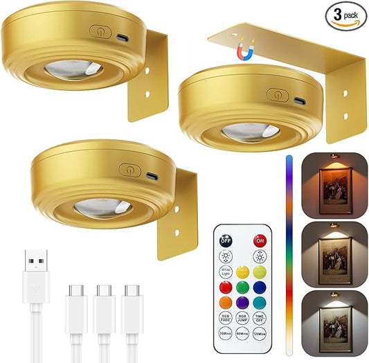 Picture Lights for Wall, 2000mAh Rechargeable Magnetic Poster Lights with Remote, 3 Color Temps & RGB Dimmable Timer, Wall Decor Light for Art Display, Frame (3 Pack)